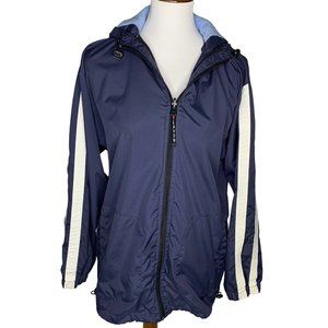 Lavon Full Zip Windbreaker Jacket With Fleece Lined Hood Size Medium Navy Blue